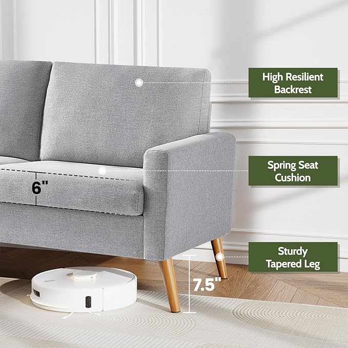 WEUP 68" Loveseat Sofa Light Grey Linen Couch, Mid Century Modern Love Seat Couches for Living Room, Small Loveseat for Bedroom Office, Comfy Sofa with Spring Cushion, Solid Wood, Tool-Free Assembly