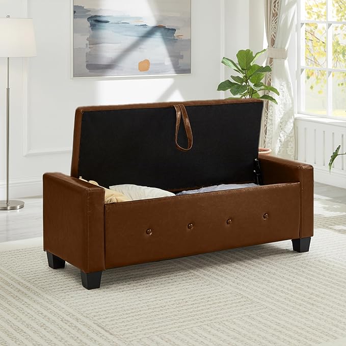 48" Faux Leather Ottoman with Storage, Tufted Storage Ottoman Bench with Safety Hinge, Rectangular Extra Long Bench for Bedroom, Living Room, Entryway and Window, Brown