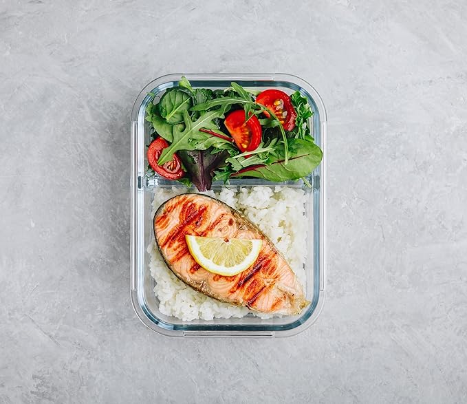 Moss and Stone Rectangular Borosilicate Glass Meal Food Containers - Prep Food Storage Containers Airtight - Snap Locking Lids – Microwave, Oven, Freezer, Dishwasher Safe – with 2 Compartment 2 Pack