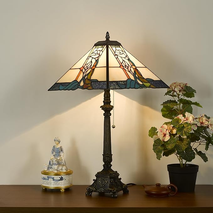 Tiffany Table Lamps Milky White Stained Glass Bugle Flowers Style Mission Desk Lamp 12X12X24 Inch Bronze Resin Base