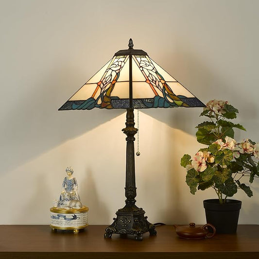 Tiffany Table Lamps Milky White Stained Glass Bugle Flowers Style Mission Desk Lamp 12X12X24 Inch Bronze Resin Base