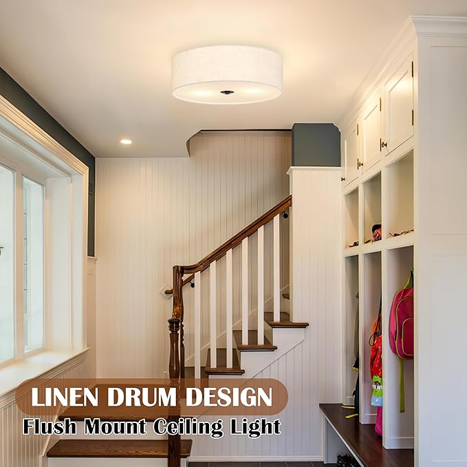 12.6 Inch Flush Mount Ceiling Light 2-Light Drum Modern Black Light Fixture Ceiling Light Fixture Close to Ceiling Light Fixture with Fabric Shade for Living Room Hallway Entryway Kitchen Bedroom