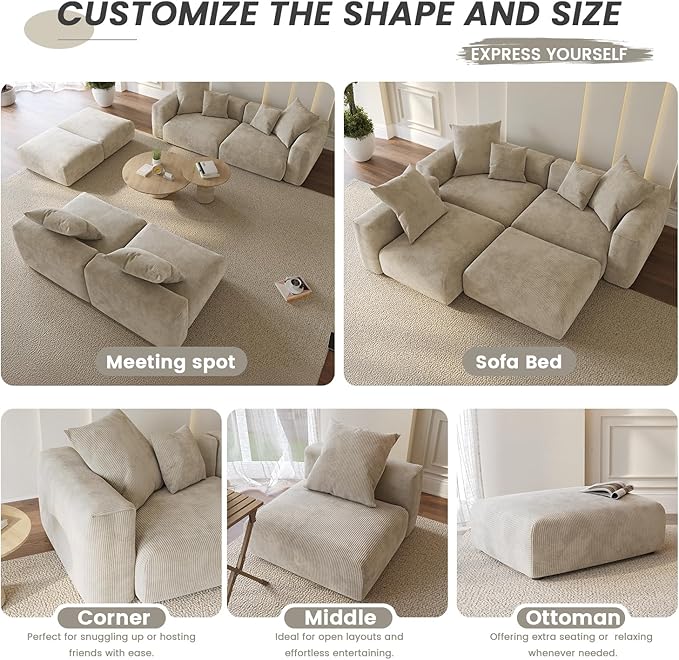 Sectional Couches for Living Room,102inch Cloud Couch Modular Sectional Sofa,Modern Corduroy Couch Love Seat,Cushion Covers Removable& Washable (Beige)