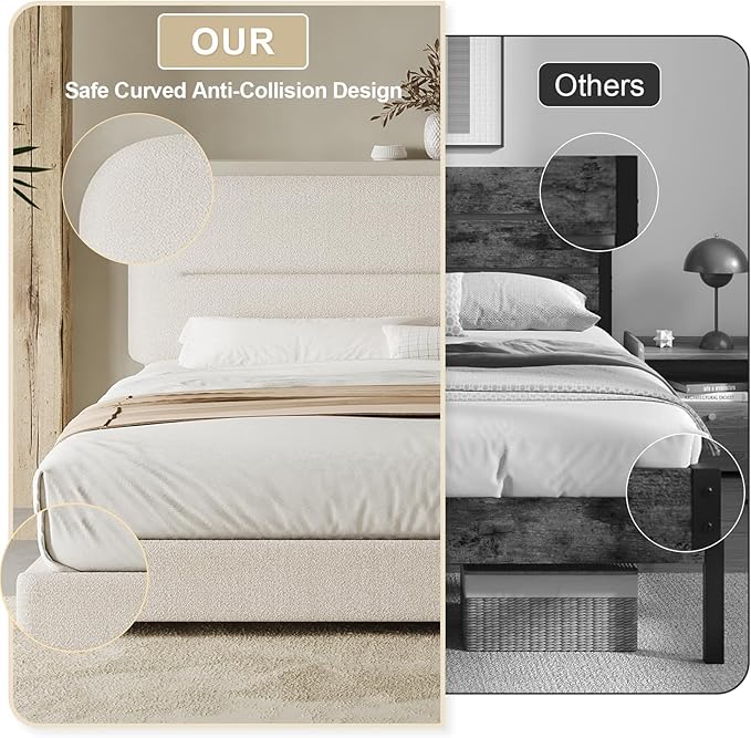 HOMBCK Full Size Boucle Bed Frame, Upholstered Bed Frame Full with Headboard, Soft BedFrame with Thickened Footboard, Soft Rounded Corners, No Box Spring Required, Easy Assembly, Cream