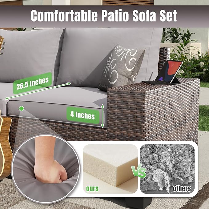 Aoxun 12 Pieces Patio Furniture Set Wicker Rattan Outdoor Sectional Conversation Set with Coffee Table and 4” Thickened Cushions, Gray (Waterproof Cover Included)