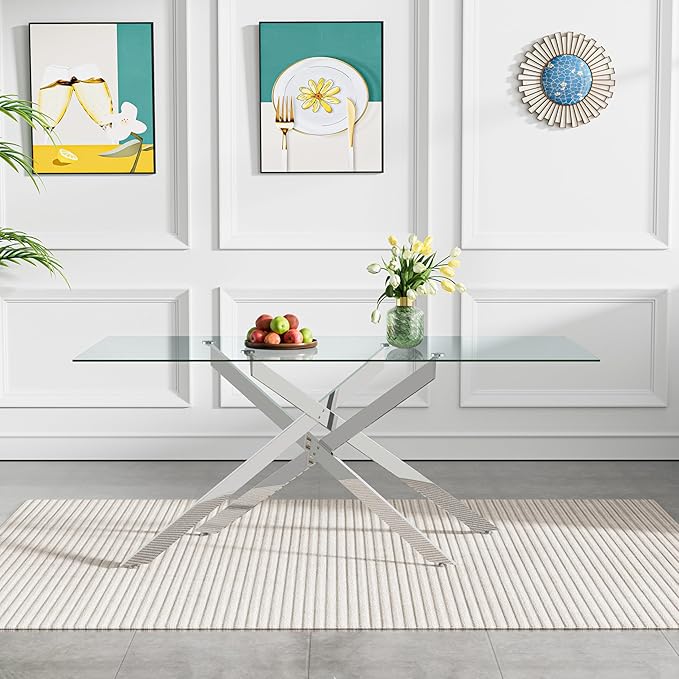 Goujxcy 7 Piece Glass Dining Table Set Modern Glass Dining Table Set for 6, 61" Rectangular Silver Kitchen Table and 6 Velvet Upholstered Chairs, Silver Table & Beige Chair