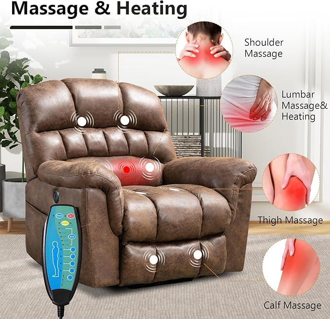 Power Lift Recliner Chair with Massage and Heat for Elderly, Faux Leather Electric Lifting Recliners with USB Port, Overstuffed Wide Reclining Sofa with Side Pockets for Living Room, Brown