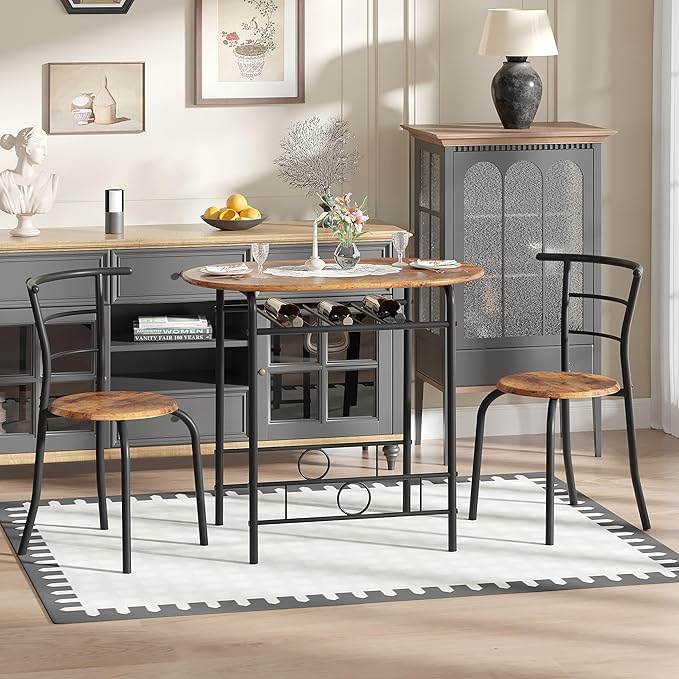 VECELO 3-Piece Dining Table Set for Kitchen Breakfast Nook, Wood Grain Oval Tabletop and Metal Frame with Built-in Wine Rack, for Small Spaces, Antique Brown & Black