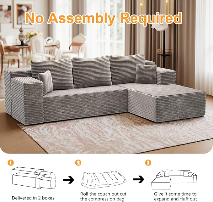 106'' Boneless Couches for Living Room, L Shaped Modular Sectional Sofa with Chaise Lounge, Faux Rabbit Fur & Layered Cushion Deep Seat Cloud Couch, No Assembly (Light Coffee, Right Facing Chaise)