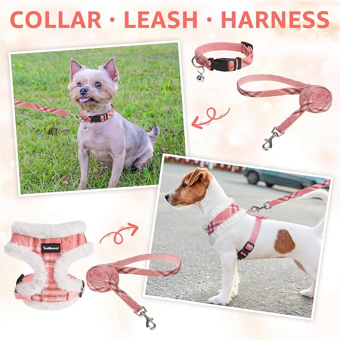 SCENEREAL Dog Harness Collar and Leash Set, Warm Fleece No Pull Puppy Vest Harnesses No Chock Adjustible Step in Small Pet Halter for Outdoor Walking Training, Pink Plaid S