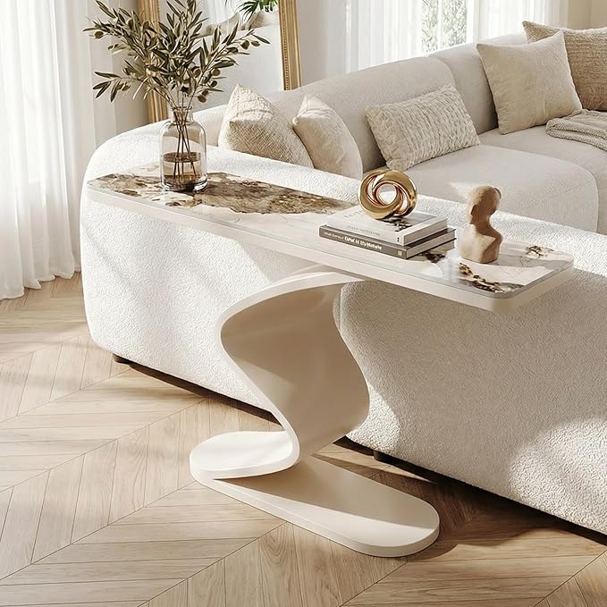 Modern Console Table with Sintered Stone Top, 47" Entryway Table with Sculptural S-Shaped Base Narrow Hallway Sofa Table Behind Couch for Living Room, Accent Furniture(White,59"x11.8"x31.5")