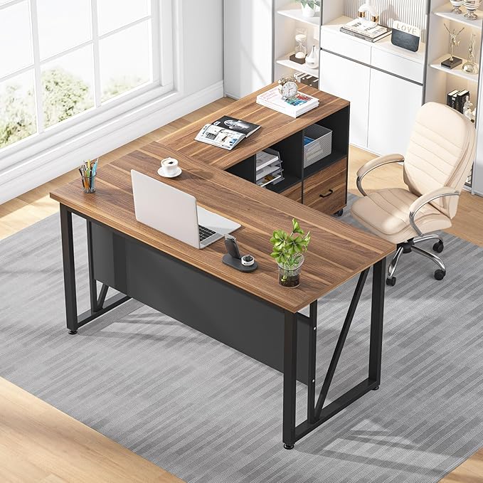 Tribesigns 55-Inch Executive Computer Desk with 43-Inch Lateral File Cabinet, Large Workstation Business Furniture, L Shaped Desk with Drawers and Storage Shelves for Home Office, Walnut