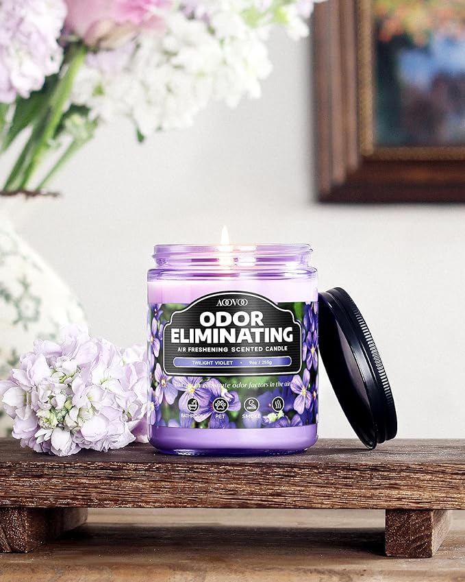 AOOVOO Violet Odor Eliminating Highly Fragranced Candle - Eliminates 95% of Pet, Smoke, Food, and Other Smells Quickly, Air Freshing Soy Candle, 9 oz