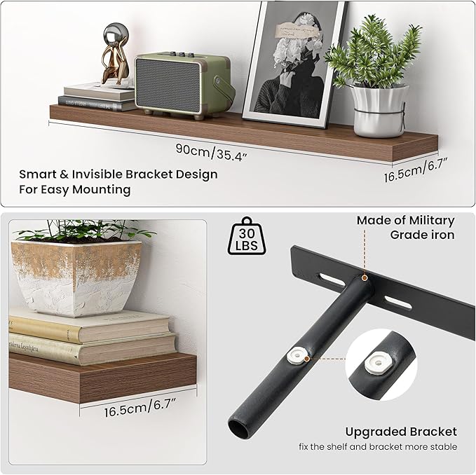 Heimlove 36 Inch Floating Shelves for Wall,Mounted Storage & Display Shelves for Bedroom,Living Room,Kitchen,Office,Set of 2,Walnut Color