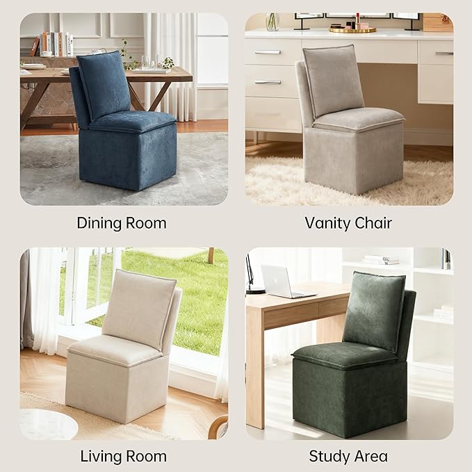 VKNOW Upholstered Dining Chairs, Modern Rolling Chairs with Storage and Wheels, Linen Armless Chair with Cushion and Backrest, Dining Room Chairs for Living Room Kitchen Bedroom, Nav