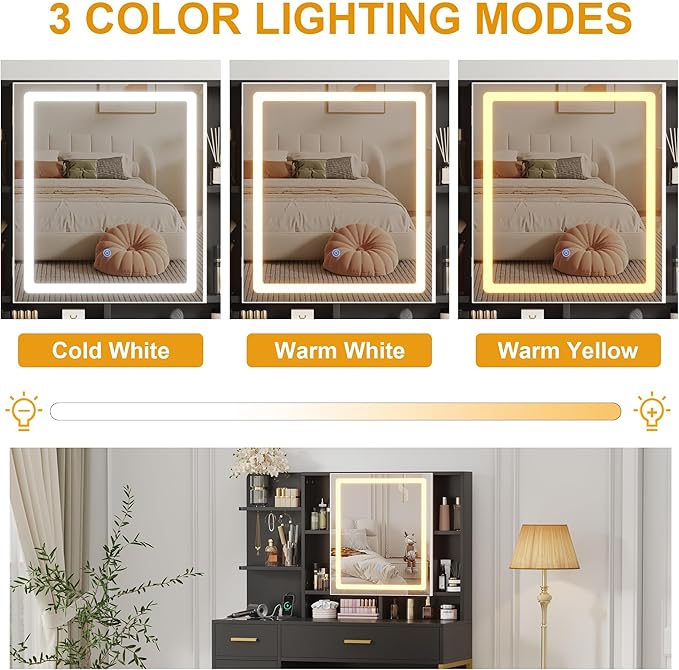 IDEALHOUSE Vanity Desk with Mirror and Lights, 42.5" Makeup Vanity Set with Stool, Makeup Table with Mirror Cabinet and Chair, Drawers & Shelves, Dressing Table with Outlet for Bedroom, Black