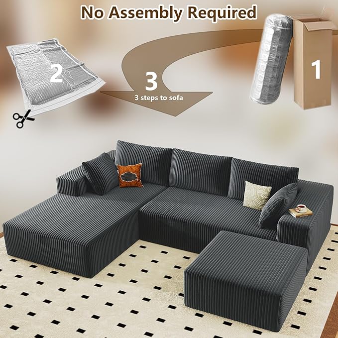 96" U-Shape Cloud Couch, Modern Modular Sectional L-Shape Sofa with Ottoman, Corduroy Upholstered Couches Deep Seat Chaise Longue for Living Room, No Assembly Required(Dark Gray, Left Facing)
