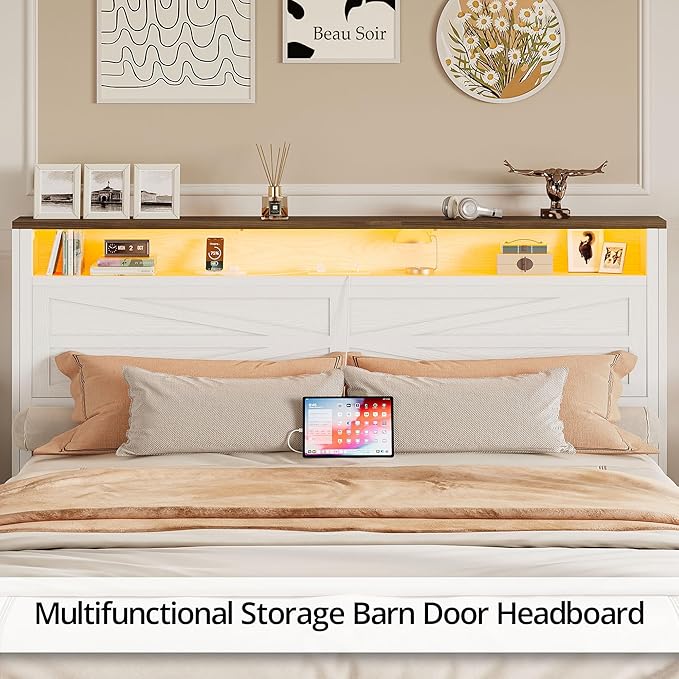 IRONCK Farmhouse Queen Size Bed Frame with LED Light and Charging Station, Wood Bed Frame with Storage Headboard and 2 Drawers， Barn Door Design, Sturdy and Noiseless, White