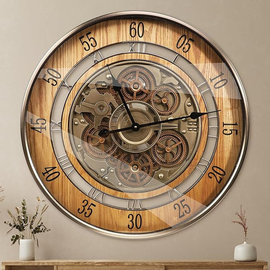 HOIBAI Wall Clock, 24 Inch Moving Gears Clock Large Wall Clock for Living Room Decor Rustic Vintage Industrial Steampunk Farmhouse Big Clock for Home Kitchen Bedroom Office