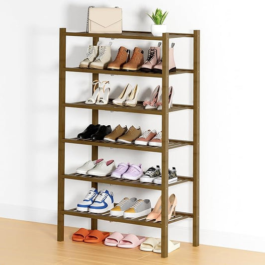 Smiry Shoe Rack, 6 Tier Thick Bamboo Shoe Organizer, Stackable Free Standing Wooden Shoe Storage Shelf for Closet, Entryway, Front Door Entrance, Walnut