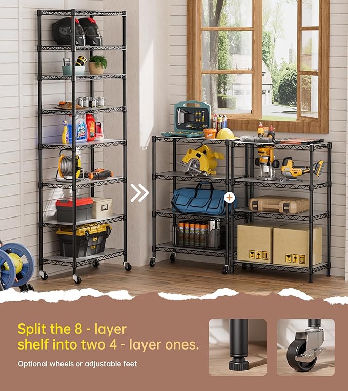 SINGAYE 8 Garage Heavy Duty Shelving Unit Kitchen Pantry Close Home Organizers and Storage Bathroom Shelf Laundry Room Organization Industrial Book Metal Wire Adjustable Shelves