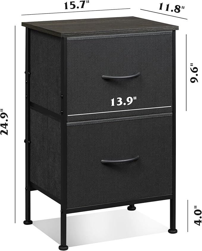 WLIVE Night Stand, Small Dresser with 2 Drawers & Wooden Top, Nightstand with Fabric Bins, Bedside Table End Table for Bedroom, Closet, Entryway, College Dorm, Black