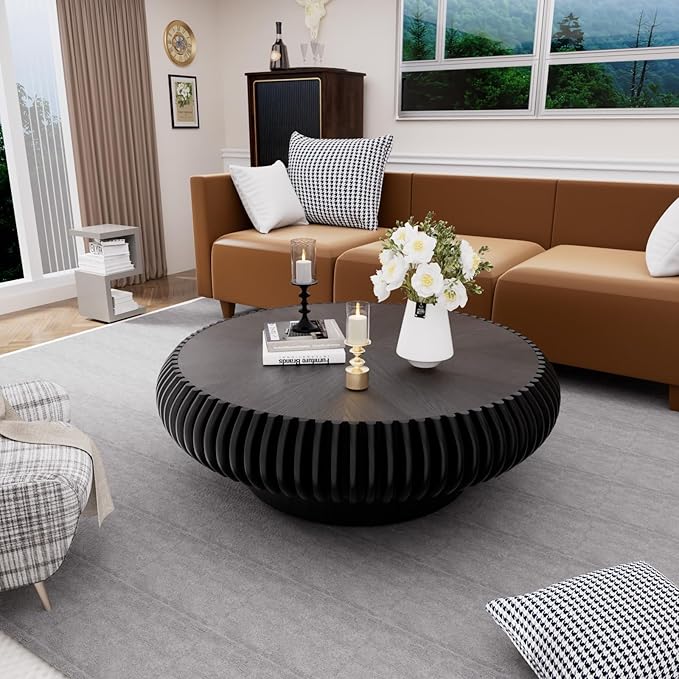 Round Drum Coffee Table for Living Room, Mid Century Modern Coffee Table with Sturdy Pedestal, Farmhouse Fluted Circle Center Table Accent Tea Table for Apartment (Large Black)