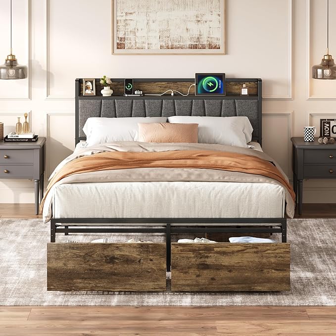 Queen Bed Frame with Storage Drawers and Charging Station, Upholstered Headboard Metal Platform Bed with USB Ports, No Box Spring Needed, Easy Assembly, Dark Brown