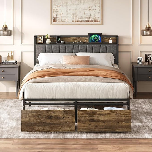 Queen Bed Frame with Storage Drawers and Charging Station, Upholstered Headboard Metal Platform Bed with USB Ports, No Box Spring Needed, Easy Assembly, Dark Brown