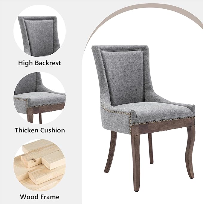 Farmhouse Dining Chairs Set of 2, Upholstered Fabric Dining Room Accent Chairs with Wood Legs & Bronze Nailhead, High Wingback Kitchen Chairs for Living Room Hotel Apartment, Gray