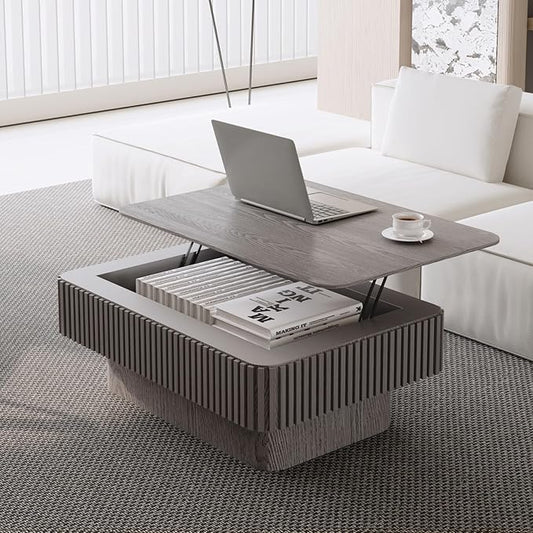 38.6" Lift Top Coffee Table with Storage, Fluted Coffee Table with Solid Wood Veneered, Mid Century Modern Wooden Center Table, Accent Tea Table for Living Room Apartment, Grey