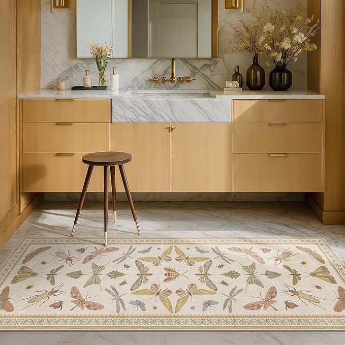 Boho 2x5 Long Bathroom Rug - Laundry Room Rug Runner for Kitchen, Washable Non Slip Soft Stain Reistant Beige and Yellow Neutral Insect Design Decor