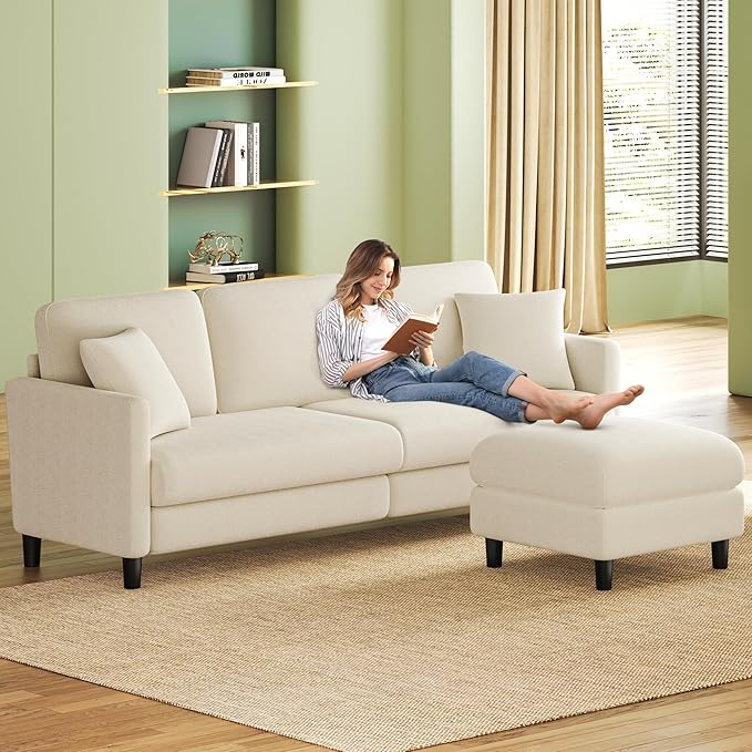 83" Couches for Living Room, Comfy Sofas for Living Room with Storage Ottoman, Teddy Sofa Couch, Tool-Free Loveseat Sofa, All-Wood Love Seat Couches, L Shaped Couch 2 Pillow Included, Beige