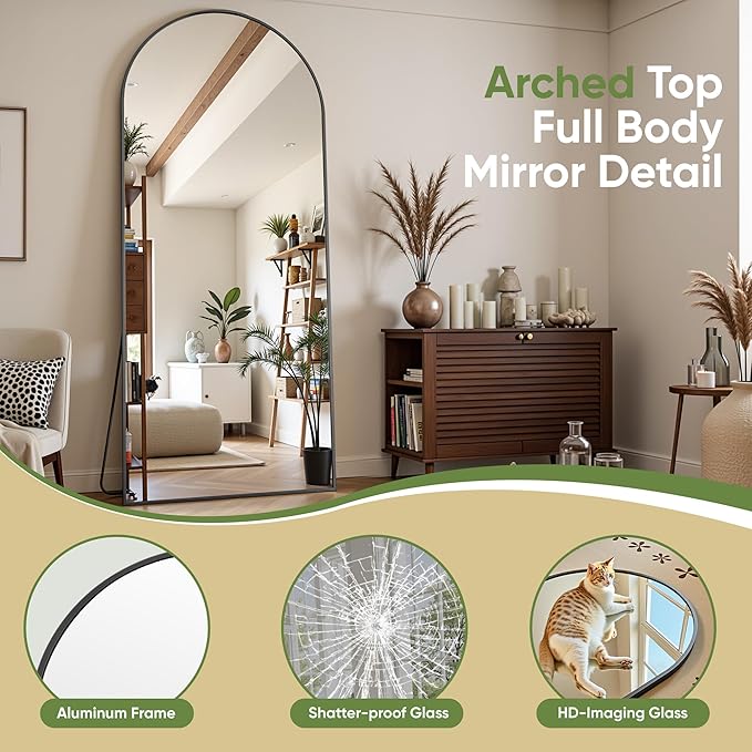 Full Length Mirror, 71"x28" Arched Full Body Mirror, Floor Mirrors with Stand, Body Mirrors Standing Hanging Leaning Against Wall,Aluminum Frame Mirrors for Bedroom Cloakroom,Living Room,Black