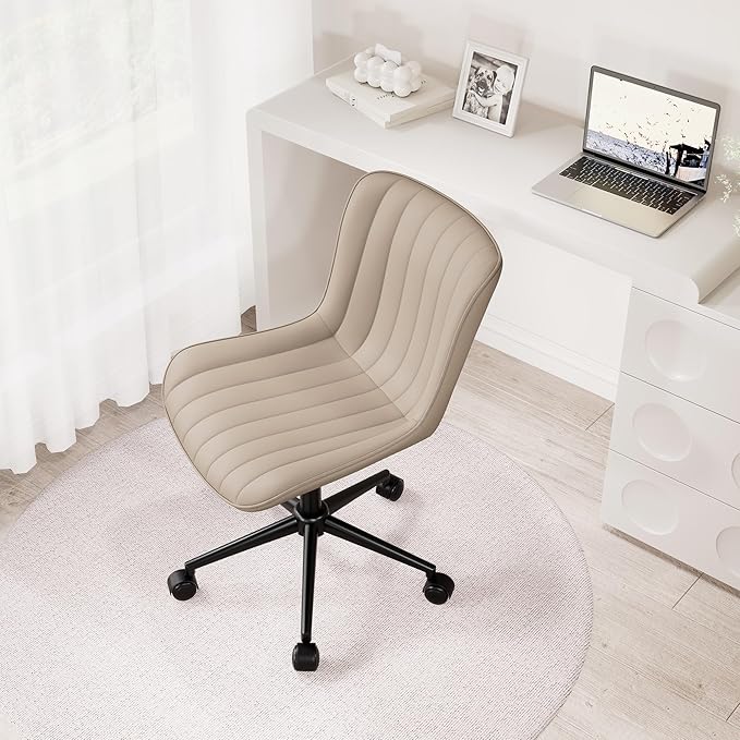 Kidol & Shellder Khaki Leather Home Office Desk Chair with Wheels Modern Cute Armless Executive Swivel Vanity Chair with Comfy Padded Back Ergonomic Rolling Adjustable Computer Task Chair Small
