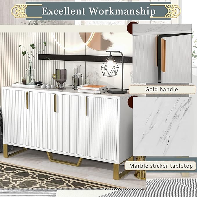 Modern Elegant Sideboard Buffet Large Storage Cabinet with Gold Metal Legs&Handles and Adjustable Shelf, 60'' Classic Console Table Sofa Table Entryway Table for Living Room Kitchen (White-60'')