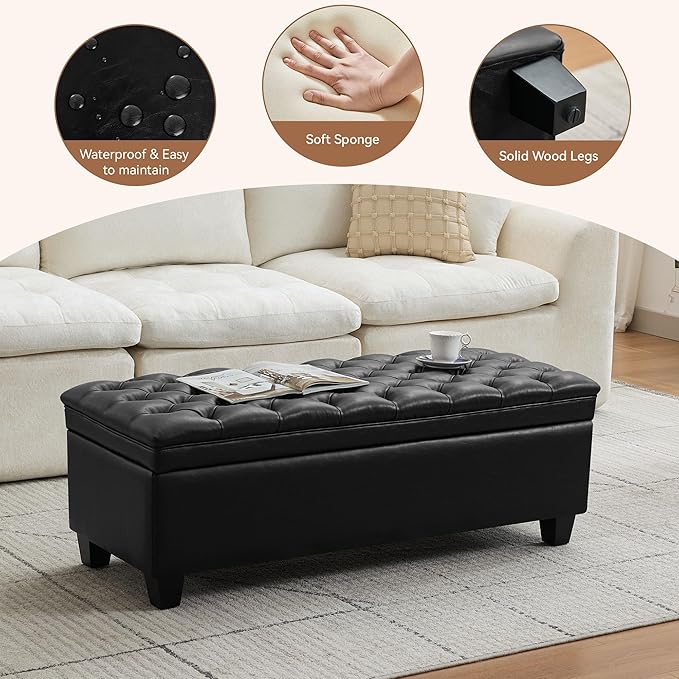 50" Faux Leather Storage Ottoman Bench, Upholstered Rectangle End of Bed Storage Ottoman Tufted Living Room Bedroom Bench with Safety Hinge, Solid Wood Legs, Loads 500 lb(Black)