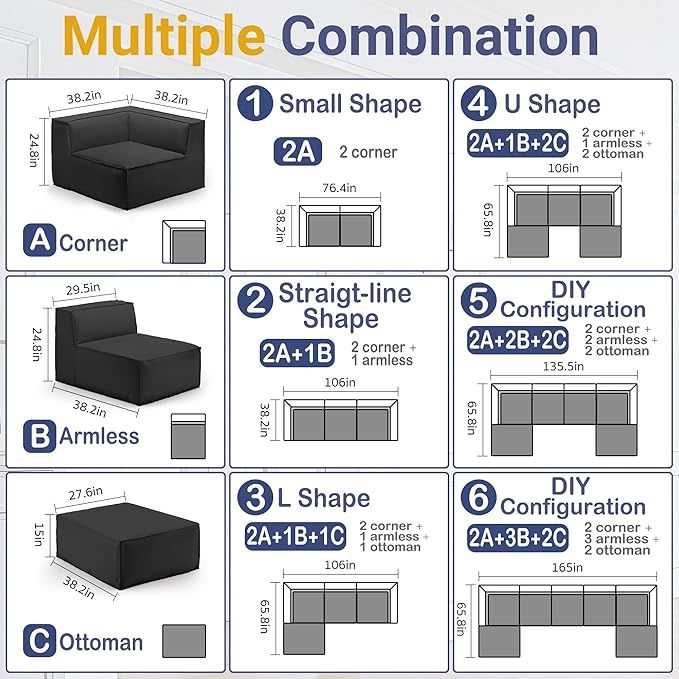 38“ Modular Sectional Sofa Convertible Cube Couch Seat Set, Combine L-Shaped U-Shaped, Free Assembly, Space-Saving for Living Room, Thick Foam Fabric Chenille Dark Grey (Only Corner)