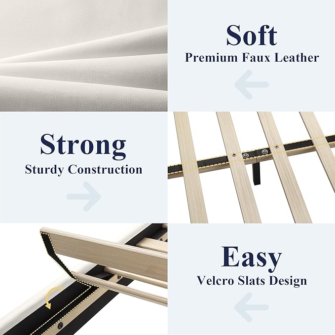 Allewie Queen Size Bed Frame with Adjustable Headboard, Faux Leather Platform Bed with Wood Slats, Heavy Duty Mattress Foundation, No Box Spring Needed, Noise-Free, Easy Assembly, White