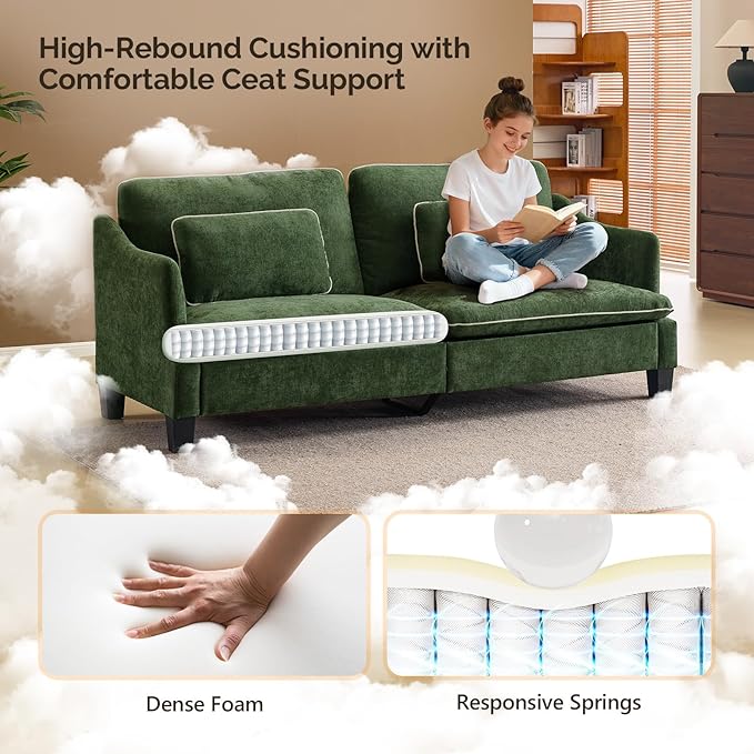 VINGLI 84" W Oversized Comfy Love Seat with Two Seats, Extra Deep Seat Piping Design Loveseat Couch with Two Pillows, Linen Fabric Modern Small Sofa for Small Living Room, Apartment, Bedroom, Green