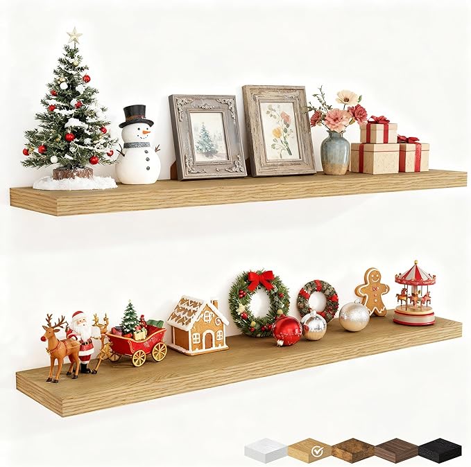 Fun Memories 48 Inch Deep Floating Shelves for Wall, 2 Pack of Long Wall Mounted Wood Shelves with Invisible Brackets for Bathroom, Bedroom, Living Room, Kitchen Decor and Storage, Oak