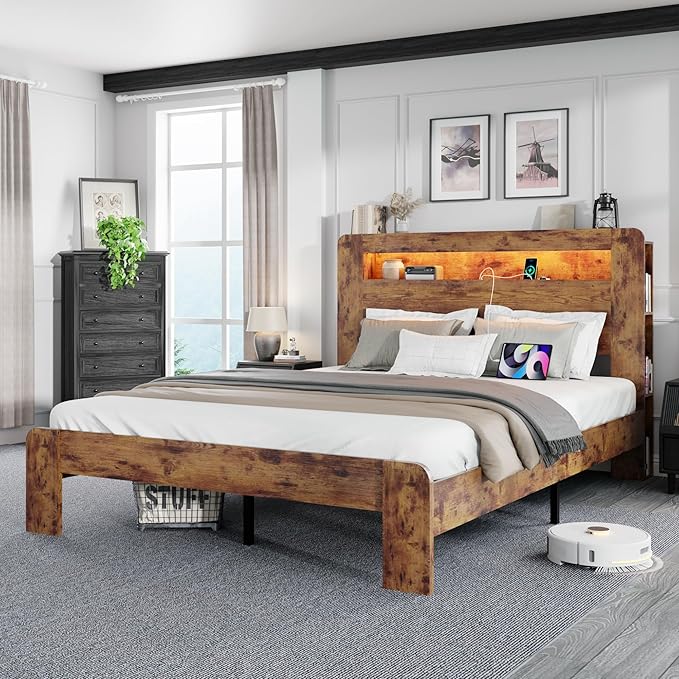 Queen Size Wooden Bed Frame with Bookcace Storage Headboard, Rustic Farmhouse Bedframe with LED Lights and Charging Station, Sturdy and Stable, Slat Support, No Box Spring Required (Brown, Queen)