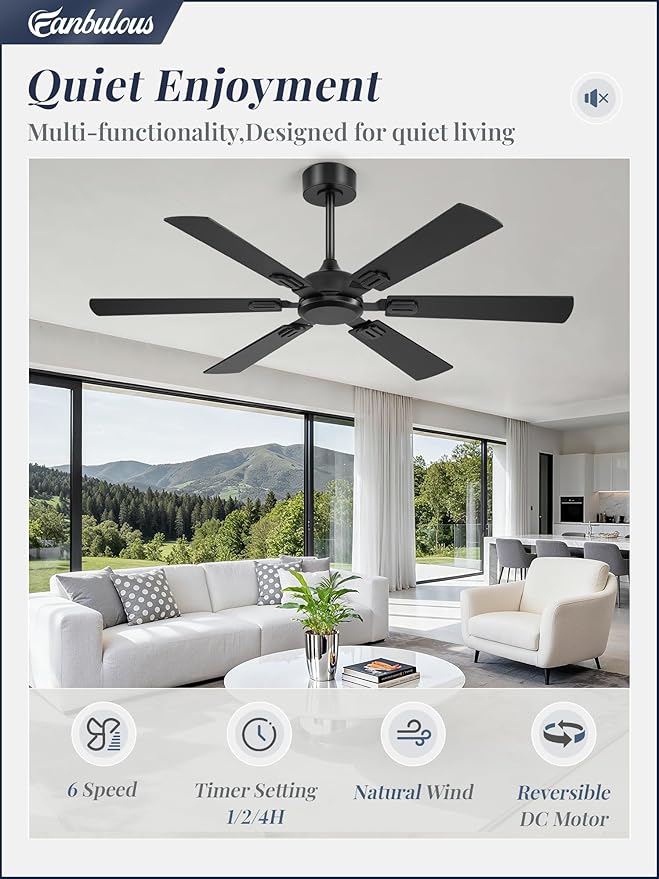 Fanbulous 52 Inch Ceiling Fans No Light with Remote, Modern Ceiling Fan Without Light, Dual Finish 6 Blades, Reversible Quiet DC Motor, 6 Speed, Large Ceiling Fan for Indoor or Covered Outdoor, Black