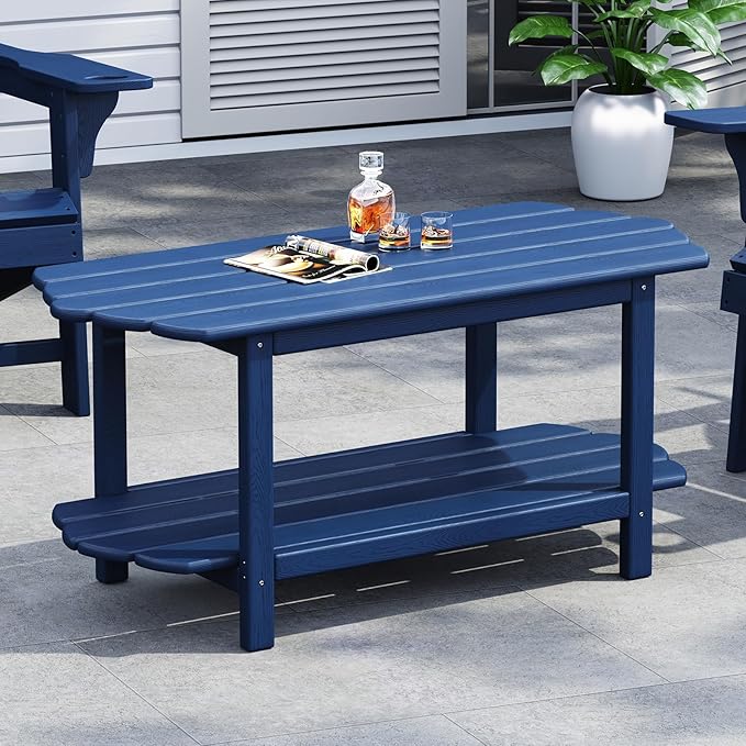 2-Tier Patio Table - Outdoor Coffee Table - Adirondack Deck Table - HDPE Pool Side Table - Blue - 17.7 x 39.4 inches