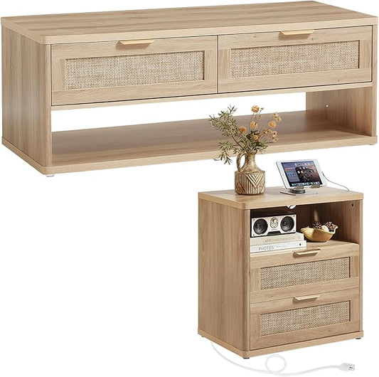 LEYAOYAO Boho Rattan Coffee Table and End Table Sets, 48" Wide Center Tables & 23" Night Stand with Charging Station Chest of Drawers, Natural Wood Coffee Table for Living Room 2 Piece Set