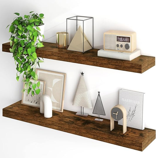 Fun Memories Floating Shelves for Wall, 40Inch Floating Shelves Set of 2, Hanging Shelf with Invisible Brackets, Wood Shelves for Living Room, Bedroom, Kitchen, Brown