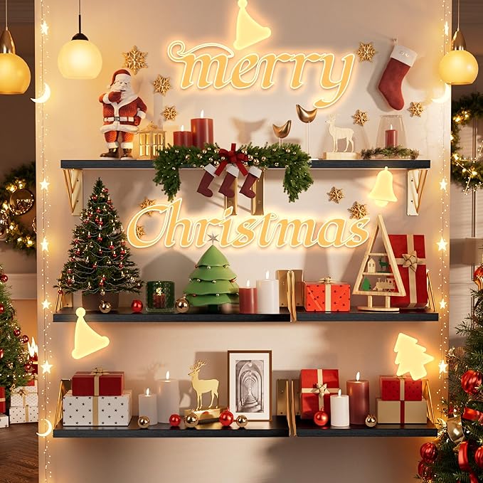 BAYKA Floating Shelves for Bedroom Decor, Wall Shelves for Storage, Wall Mounted Rustic Wood Floating Shelf for Books,Corner Shelf for Bathroom,Kitchen,Living Room(Black and Gold，Set of 4)