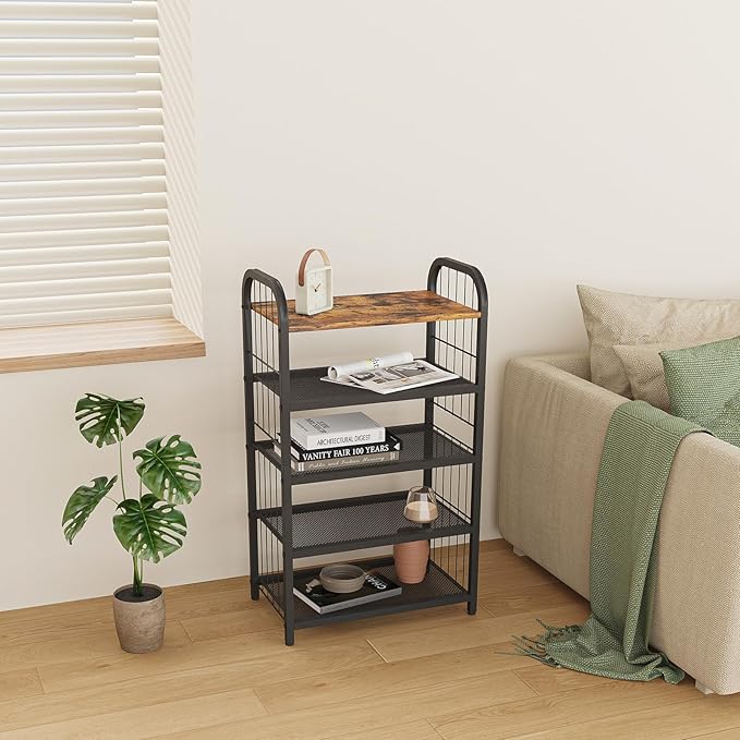 Shoe Rack, 5-Tier Shoe Organizer with Guardrails, Heavy-Duty Metal Mesh Shelves & Rustic Wooden Top for Stylish Closet & Front Door Storage