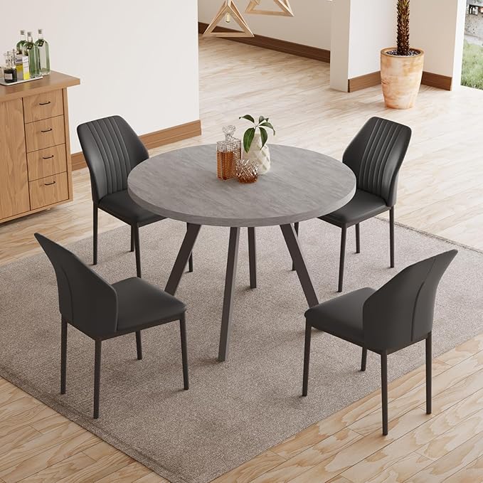 34.6'' Round Dining Table and Chairs for 4, Mid Century Modern Round Table Set, Space Saving for Apartment Kitchen Dining Room (Grey Table+4 Black Chairs)