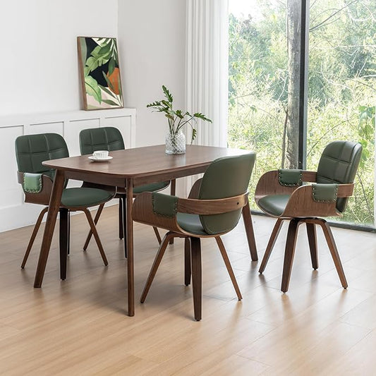 Set of 4 MCM dining Chairs - Swivel Faux Leather Dining Chairs with Arms and Curved Back, Bentwood Structure, Walnut Craftsmanship, Versatile for Kitchen/Restaurant/Conference Room (Walnut Green)